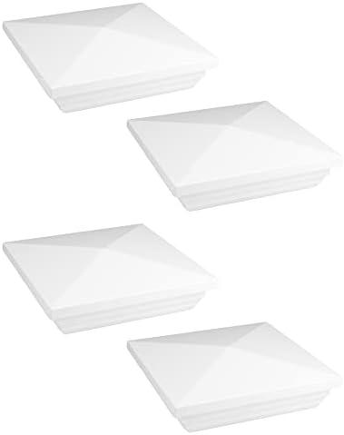 QWORK Vinyl Fence Post Cap, 4 Pack 4" x 4" PVC Square Fence Post Top Cover, New England Pyramid Style, for Mailbox, Lamp Post, Deck, Dock, Piling Caps, White