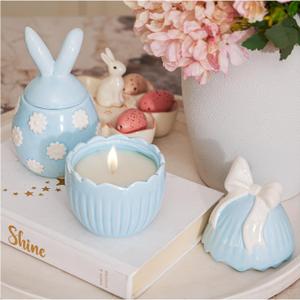 WDS WONDROUS 2-Pack Easter Bunny & Bow Ceramic Jar Candles, Egg Shaped Soy Wax Scented Candles with Daisy and Striped Design, Spring Home Decor Gift Set for Women, Blue Farmhouse Table Centerpiece