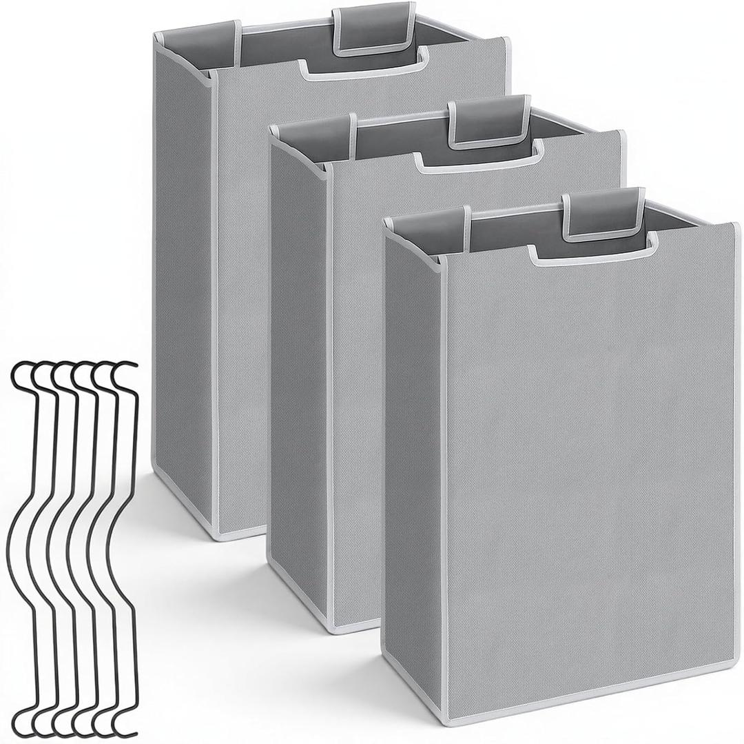 SHENLIU 3 Bag Laundry Sorter Replacement Bags, 21"H15"L9"W Large Gray Hamper Cart Removable Laundry Storage Organizer Bag Hamper Liner with 6Pcs Hangers and Carry Handle