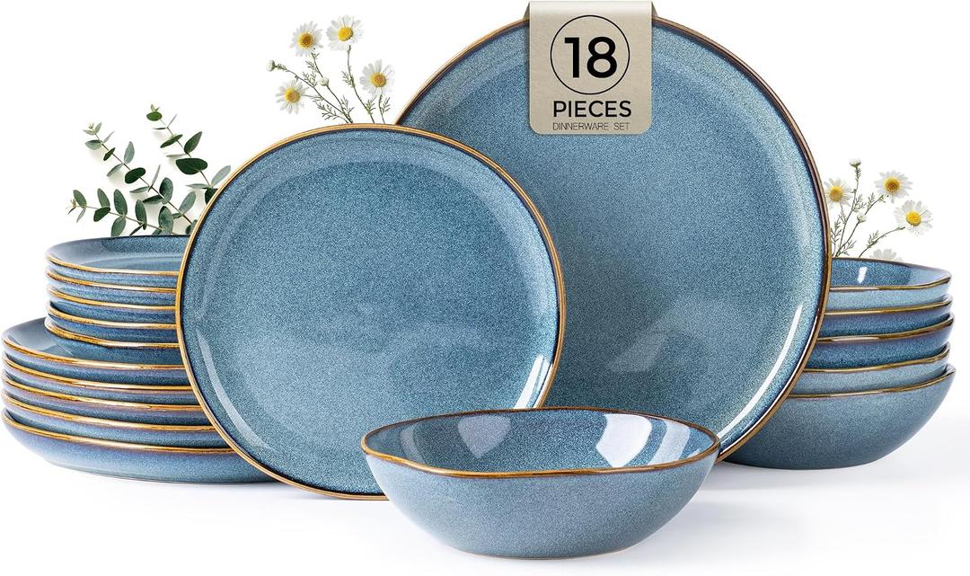 AmorArc Ceramic Dinnerware Sets for 6, 18Pcs Plates and Bowls Sets Dishes | Stoneware Handmade Reactive Glaze Dinner Set, Highly Scratch Resistant | Dishwasher & Microwave Safe Dishware