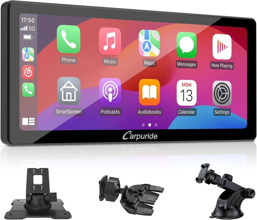 Carpuride W103 Pro with Wireless Bluetooth Transmission Portable Carplay & Android Auto Car Stereo, 10.3 inch 1080P Touch Screen, Mirror Link/GPS/Siri/FM, with 3 BracketDual BT