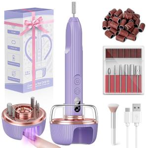 Electric Nail File, Nail Drill Kit with Nail Lamp,Cordless Nail Filer for Acrylic Gel Nails, Professional Nail Drill Machine Polishing Tool Manicure Pedicure Kit Efile Nail Supplies for Home Salon (Purple)