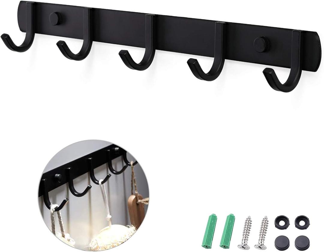 Ihomepark Coat Hooks Wall Mounted, Heavy Duty Metal 5 Coat Hanger Rack for Coat Hat Towel Purse Robes Keys Mudroom Bathroom Entryway (1 Pack, Black)