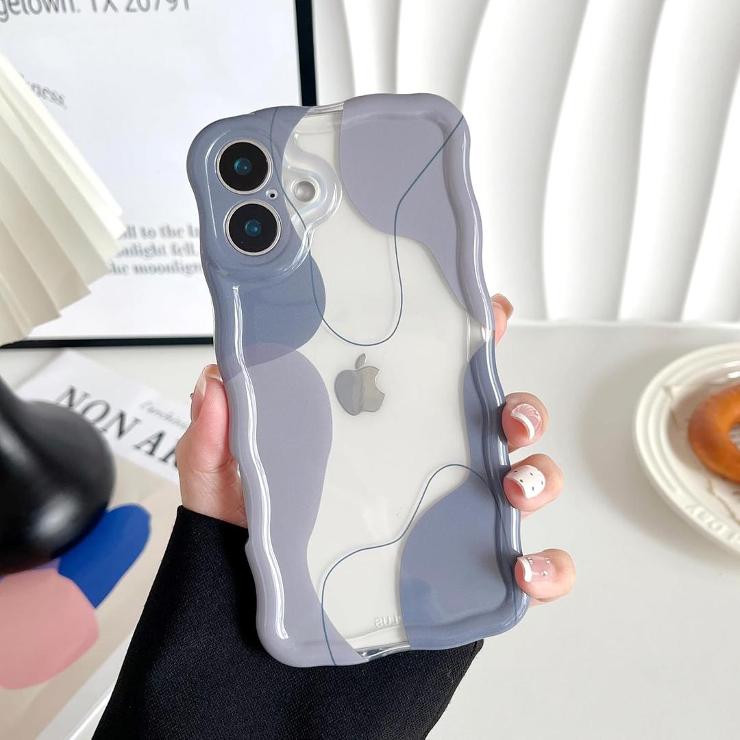 DEFBSC for iPhone 16 Case, Cute Clear Wavy Art Design Aesthetic Pattern Phone Case for Women Girls, Wave Frame Durable Protective Cover Full Camera Protection Bumper for iPhone 16, Dusty Blue