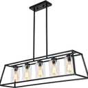 Kitchen Island Lighting,5-Light Black Chandeliers for Dining Room Light Fixtures Over Table, Farmhouse Rectangle Chandelier Island Lights for Kitchen with Cylinder Clear Glass