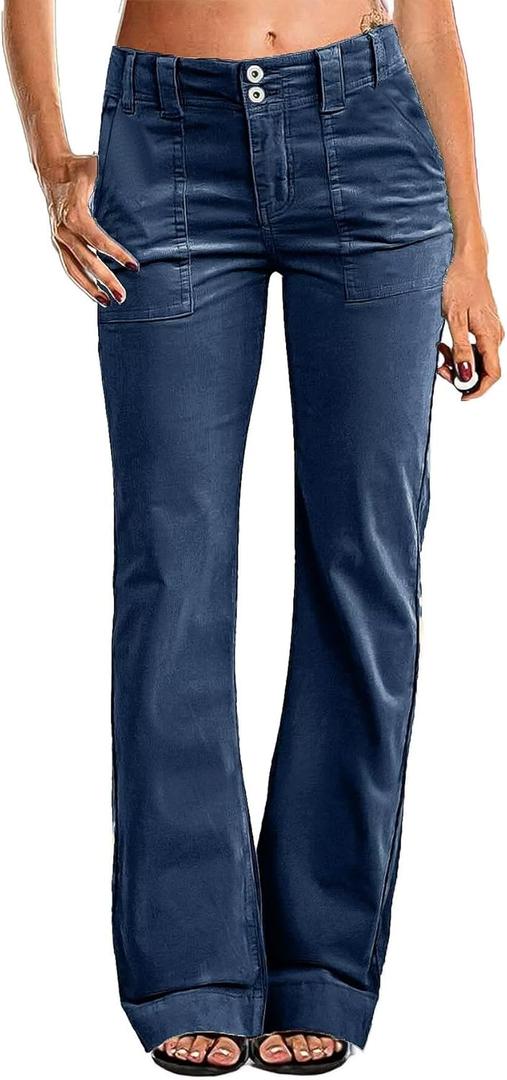 Flamingals Women's Wide Leg Pants for Women Mid Waist Dress Flare Straight Leg Corduroy Pants Workout Jeans Trendy (Medium, Navy Blue)