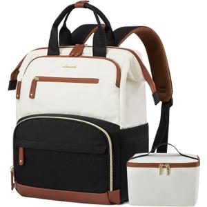 LOVEVOOK Lunch Backpack for Women, 15.6 Inch Laptop Bag with Insulated Cooler Lunch Box, Work Backpack for Teacher Nurse, Travel Backpack Lunch Bag for Camping Picnic Daily Use (Black-White-Brown)
