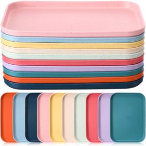 Dandat 20 Pcs Plastic Wheat Straw Fast Food Trays Bulk 9.8 x 6.7 Inch Rectangular Colorful Serving Trays for Cafeteria Lunch Kitchen Hotel Restaurant Party