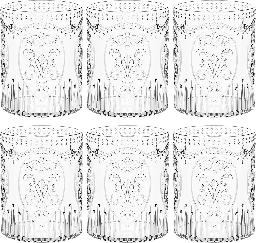 Qinyoung 6 Plastic Vintage Drinking Glasses 8.5oz Stemless Retro Embossed Wine Glasses Shatterproof Reusable Cups for Baby Shower Wedding Reception Grand Event Party (Clear)