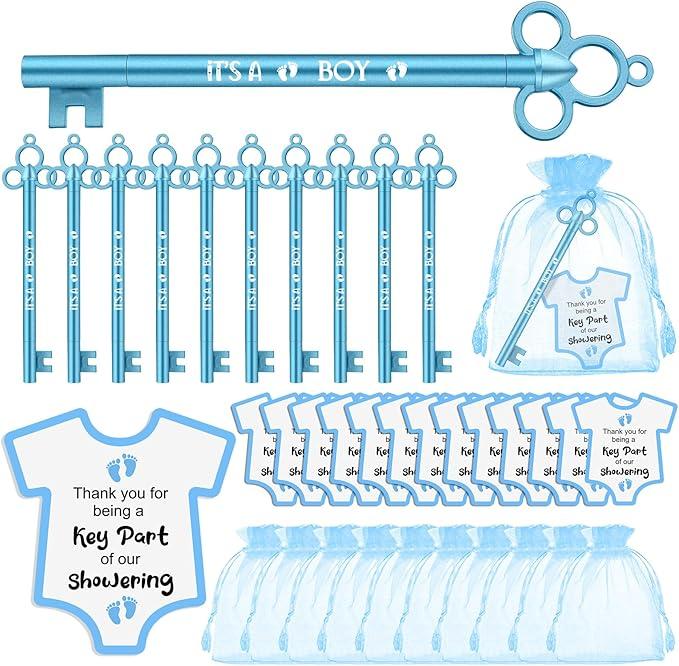 Geyoga 50 Sets Baby Shower Party Favors 50 Fancy Key Shape Pens It's a Girl/ Boy Key Gel Ink Pens 50 Thank You Cards Small Gift Cards 50 Organza Bags for Guests Gender Reveal Party Favors(Blue,Boy)