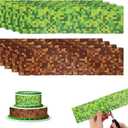 8pcs Pixel Game Cake Border Decor, Green & Brown Cake Toppers Wrapper Border Strips for Birthday Pixel Theme Party Supplies