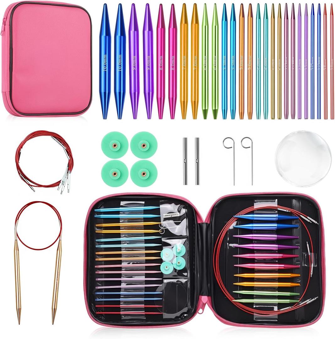 AIYUNDI 13 Pairs Interchangeable Circular Knitting Needles Set, 3.0mm - 10.0mm, Aluminum Lightweight, Durable, Perfect for Knitting Projects, Beginner & Professional FriendlyColor