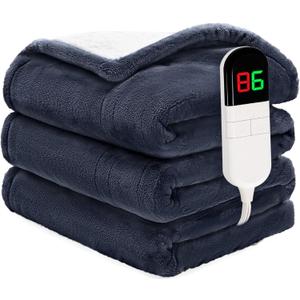 Heated Throw Blanket 50"60" - Premium Cosy Soft Electric Blanket with 6 Heating Levels,Fast Heating Flannel Sherpa Blanket for Bed & Couch - Auto Shut Off/Machine Washable (Navy Blue)