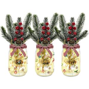 Mason Jars with Lights & Pine Branches - 3 Piece Set for Farmhouse Indoor Christmas Centerpiece