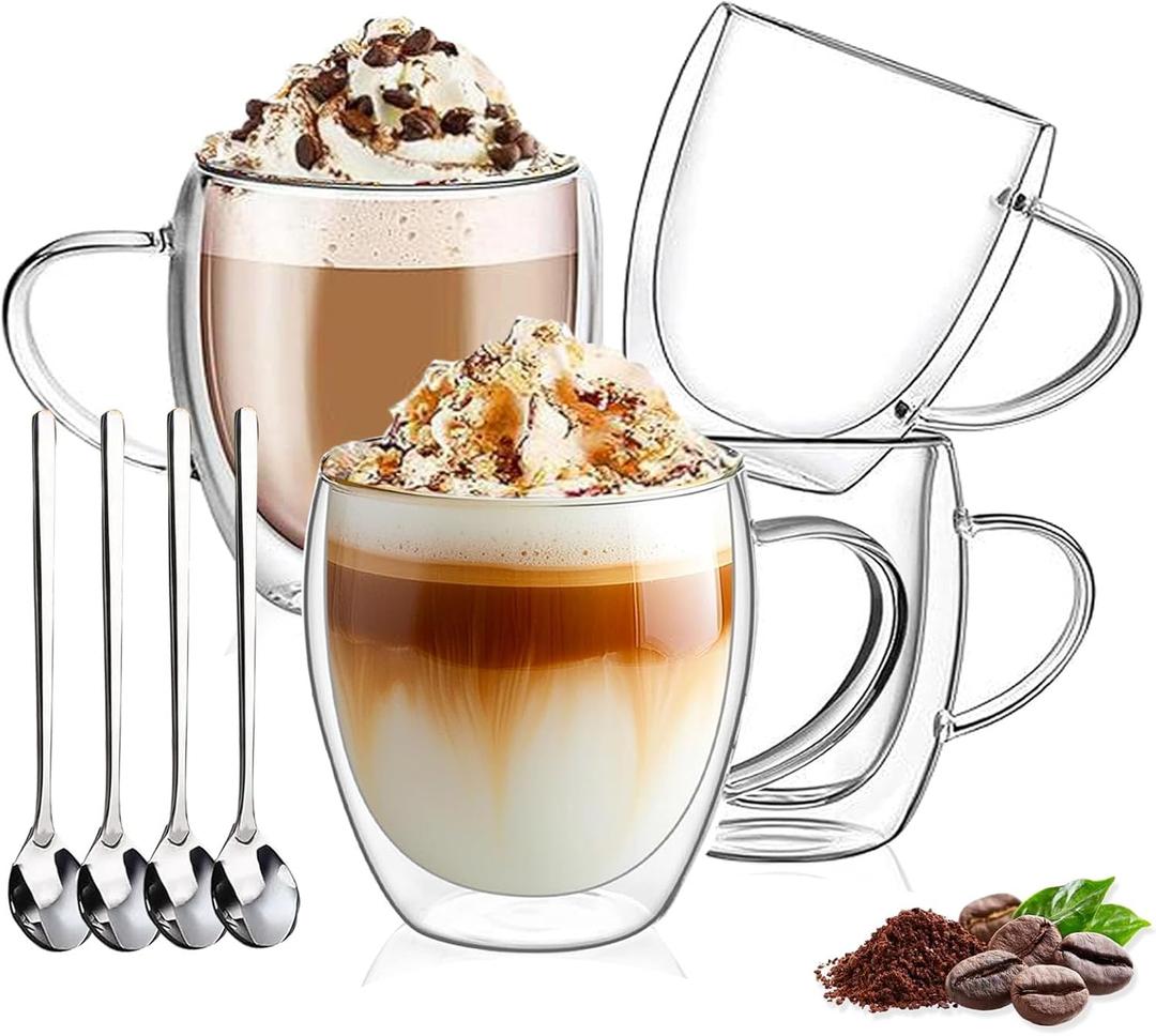 DINGPAl 4 Pack 8oz Double Wall Glass Coffee Mugs,Heat-resistant Borosilicate Glass Mug Cappuccino Espresso Tea Latte Cup with Handle,4 Spoons for Stirring Beverages in Bar,Cafe,or at Home
