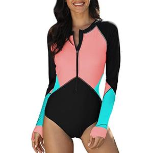 SELINK Women's Long Sleeve Rash Guard UV Protection Zipper Printed Surfing One Piece Swimsuit Bathing Suit, XXL