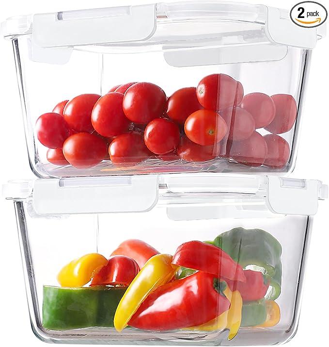 HOMBERKING 4 Pieces 63oz/8cup Large Glass Food Storage Containers with Lids, Meal Prep Containers, Airtight Bento Boxes with Leak Proof Locking (2 Containers 2 Lids), Microwave,Oven,Fridge SafeWhite