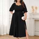 SCOMCHIC Womens Plus Size Maxi Dress Short Sleeve Square Neck Smocked Wedding Guest Flowy Split Dresses with Pockets (Black, XXXL)