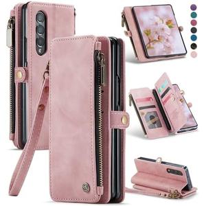 Defencase Wallet Case Compatible with Samsung Galaxy Z Fold 4 with RFID Blocking Card Holder & S Pen Holder PU Leather Magnetic Snap Flip Zipper Strap Phone Case Fit for Galaxy Z Fold 4, Rose Pink