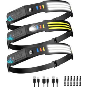 Lsnisni Headlamp Rechargeable 3 Pack, 230 Wide Beam Head Lamp LED, Head Flashlight with Motion Sensor, 5 Mode Head Lights for Forehead, Waterproof Headlamps for Adults Hiking Camping Gear