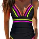 popvil Women's One Piece Swimsuit Tummy Control Bathing Suit V Neck Ribbon Ruched Swim Suits Slimming Black Swimwear, Size S 