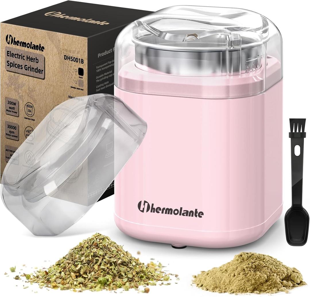 Hermolante Herb Grinder Spice Grinder, 200 w Herb Grinder with Stainless Steel Blade and Cleaning Brush, Compact Size Electric Grinder for Herbs and Spices - 5.11in (Pink)