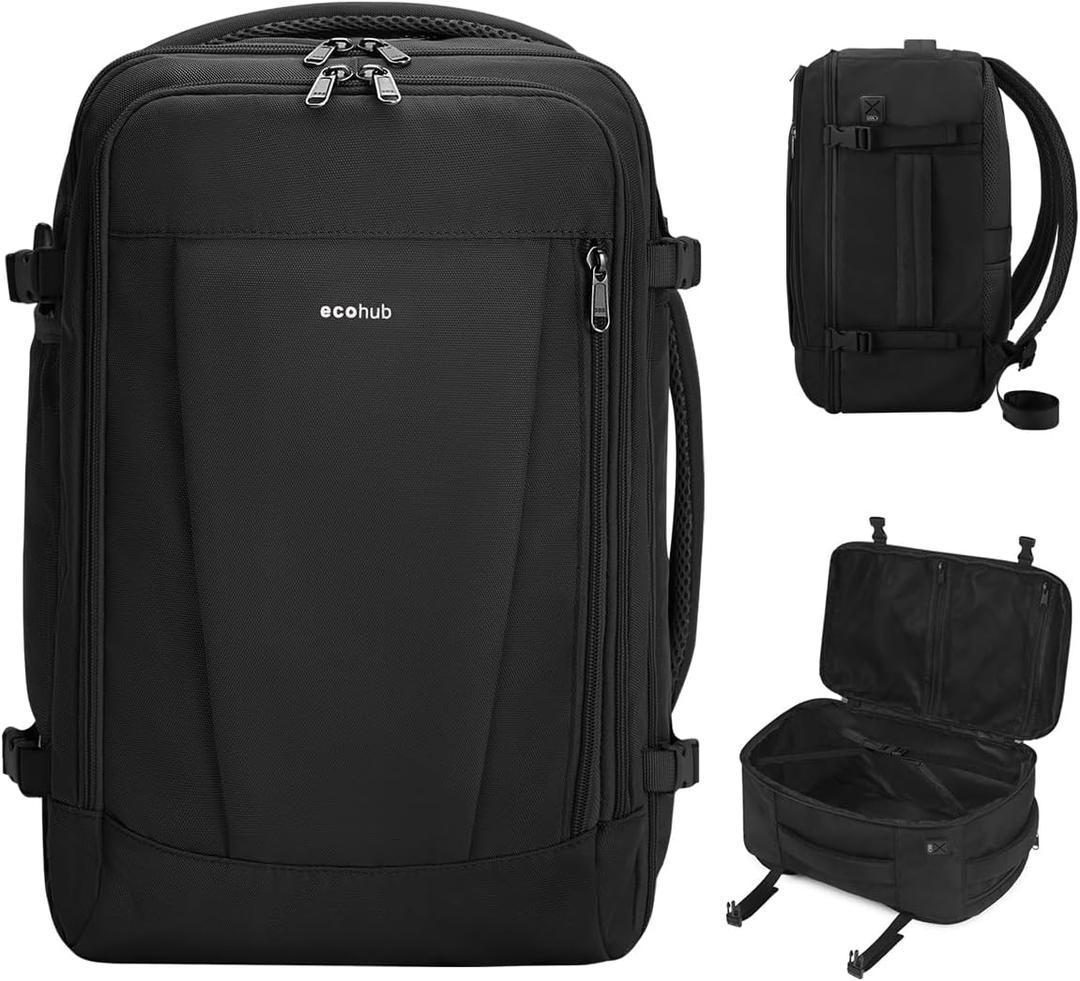 ECOHUB 17'' Small Travel Backpack, United Airlines Personal Item Bag 16.7"x10"x8" with 13 Pockets Carry on Backpack with USB Port Luggage Sleeve Travel Essentials for Men Women Water Resistant, Black (17 inch underseat)