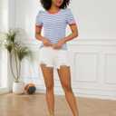 MISSACTIVER Women Striped Color Block T-Shirts Crew Neck Short Puff Sleeve Slim Fit Pullover Shirt Casual Summer Tee Tops (M)