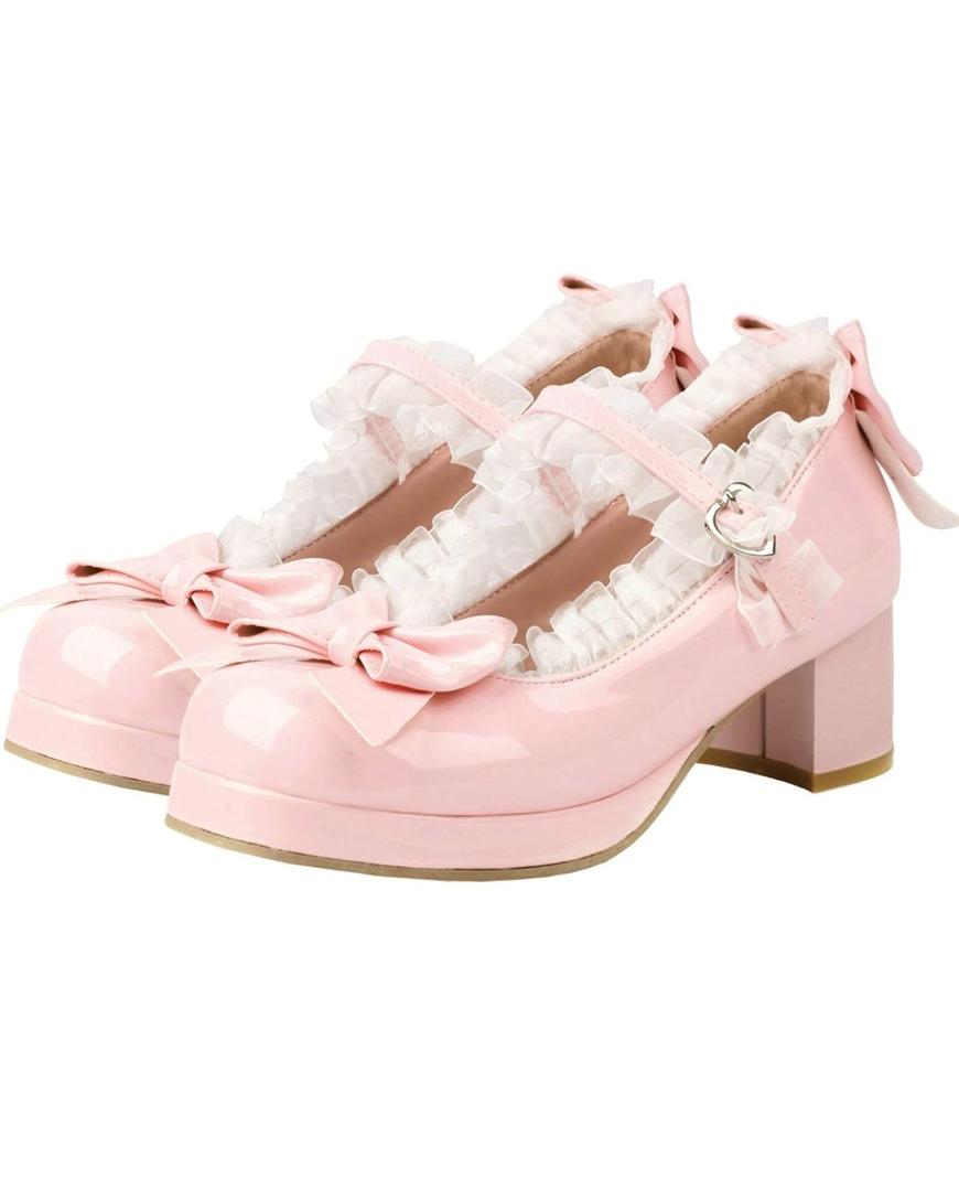 LUXMAX Women Kawaii Mid Block Heel Mary Jane Rockabilly Pumps with Bow Platform Chunky Heel Cute Sweet Shoes 35