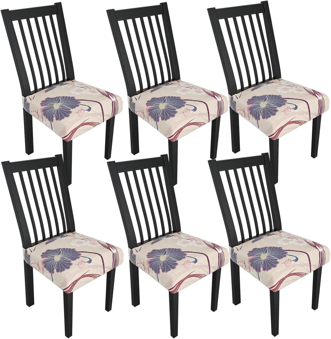 Stretch Dining Chair Seat Covers Set of 6,Dining Chair Slipcovers, Floral Printed Chair Covers,Soft Fabric Washable Upholstered Chair Seat Protector, No Rear Covers for Home Kitchen Dining Room (Light Purple Cornflowers)