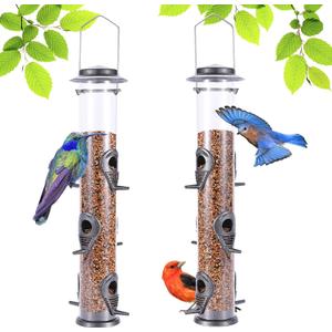 Metal Bird Feeder Tube Hanging Wild Bird Seed Feeder Aluminum Six Port Bird Feeders,1.4 mm Extra Thick Solid Tube Transparent with Steel Hanger Great for Attracting Birds (Grey 2PK)