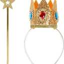 Princess Costume Accessory Set – Gold Crown Headband, Star Wand, White Gloves, Blue Earrings & Gem Brooch for Halloween, Cosplay & Theme Parties