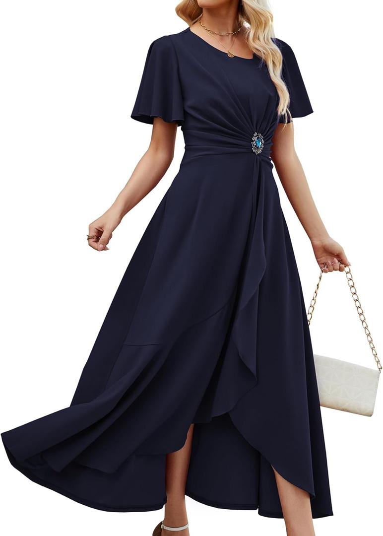 QMZ Wedding Guest Dresses for Women Have Pockets Cocktail Dress Ruffle Sleeve A Line Evening Party Formal Dresses for Women-Navy Blue-3XL