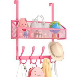 Kaiferty Over The Door Hooks Organizer, Coat Rack Over The Door Storage Hanger Towel Rack, Back of Door Storage Organizer for Bathroom,Bedroom,Kitchen,Office (Pink, 2-Tier)