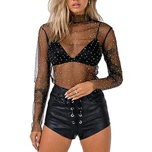 Women Y2K Sexy Sheer Mesh See-Through Shirts Long Sleeve Turtleneck Sparkle Tee Blouse Tops Clubwear (Small)