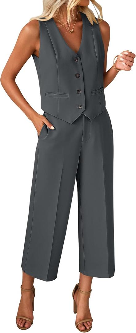 luvamia Pant Suits for Women Dressy Casual 2 Piece Sets Sleeveless Blazer Vest with Wide Leg Capri Pants Work Outfit (Medium, Dark Grey)