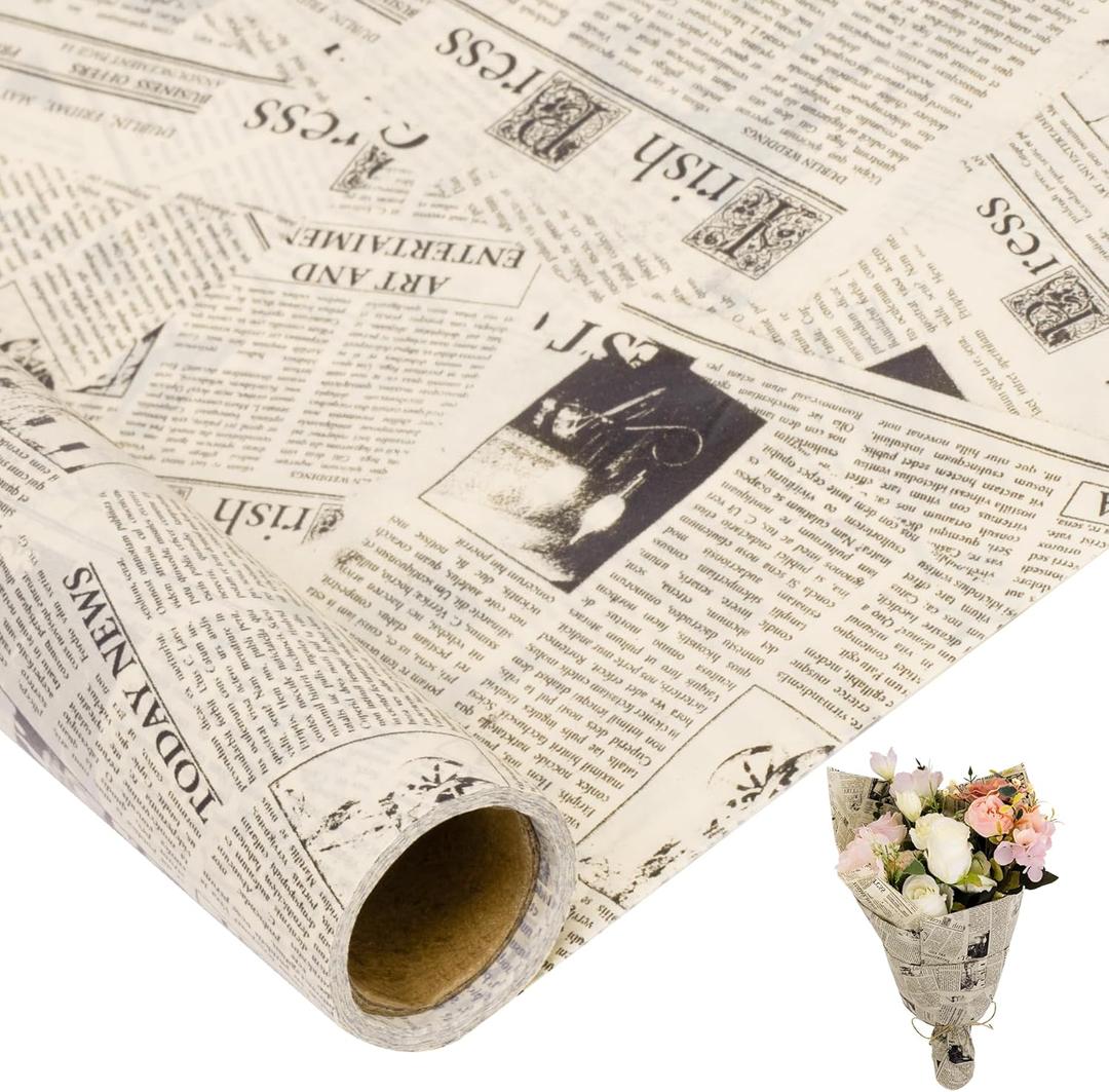 Larcenciel Vintage Newspaper Tissue Paper Roll | 17"x33', Beige Black Old News Print Wrapping Tissue Paper for Gift Bags, Gift Wrap, Flower Packaging, Craft Projects, Wedding, Birthday, Holiday Decor