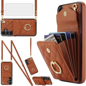 Phone Case for Samsung Galaxy S24 Plus S24+ 5G Wallet Cover with Tempered Glass Screen Protector Wrist Strap Ring RFID Blocking Card Holder Cell S24Plus 24S + S 24 24+ SM-S926U Women Men Girls Brown