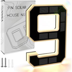 ISUNMEA 9 Inch Solar Lighted House Numbers for Outside, Light Up Waterproof LED Address Numbers Signs for Houses, Large Personalized Illuminated Exterior Modern House Numbers Light (9-Black, 9IN)