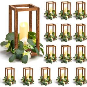 Sabary 45Pcs/15 Set Wooden Wedding Lantern Centerpiece, Include 15 Candle Holder 15 LED Candle 15 Eucalyptus Leave Wreath for Rustic Wedding Table Decoration, Country Barn Table Valentine Decor, Party