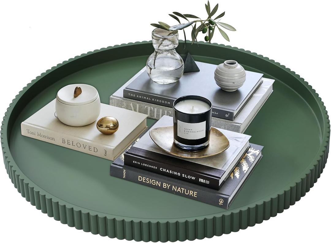 Gurfuy 24" Round Extra Ottoman Serving Tray - Rustic Wooden Table Tray for Farmhouse Decorative Oversized Coffee Table Trays Living Room Kitchen Counter Breakfast Green