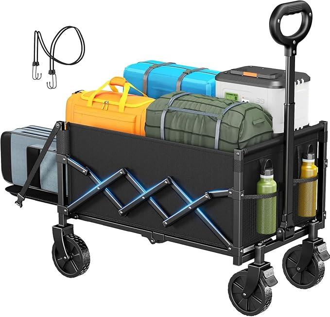 Foldable 4-Wheel Portable Cart with Large Capacity Basket | Heavy Duty Utility Wagon for Camping, Grocery Shopping, Outdoor Picnic, Travel & Storage