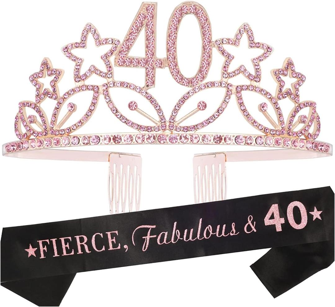 MEANT2TOBE 40 and Fabulous Sash and Tiara Set for Women Forty and Fierce Glitter Sash and Rhinestone Crown - Elegant Accessories for 40th Birthday Decorations - Pink