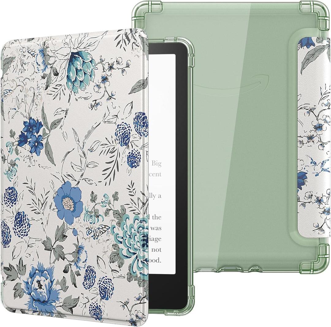 MoKo Case for 6.8" Paperwhite 11th Gen 2021& Paperwhite Signature Edition, Ultra Clear Soft Flexible Transparent TPU Back Cover Light Shell with Auto Wake/Sleep, Not fit Kobo & BOOX, White Blue Floral