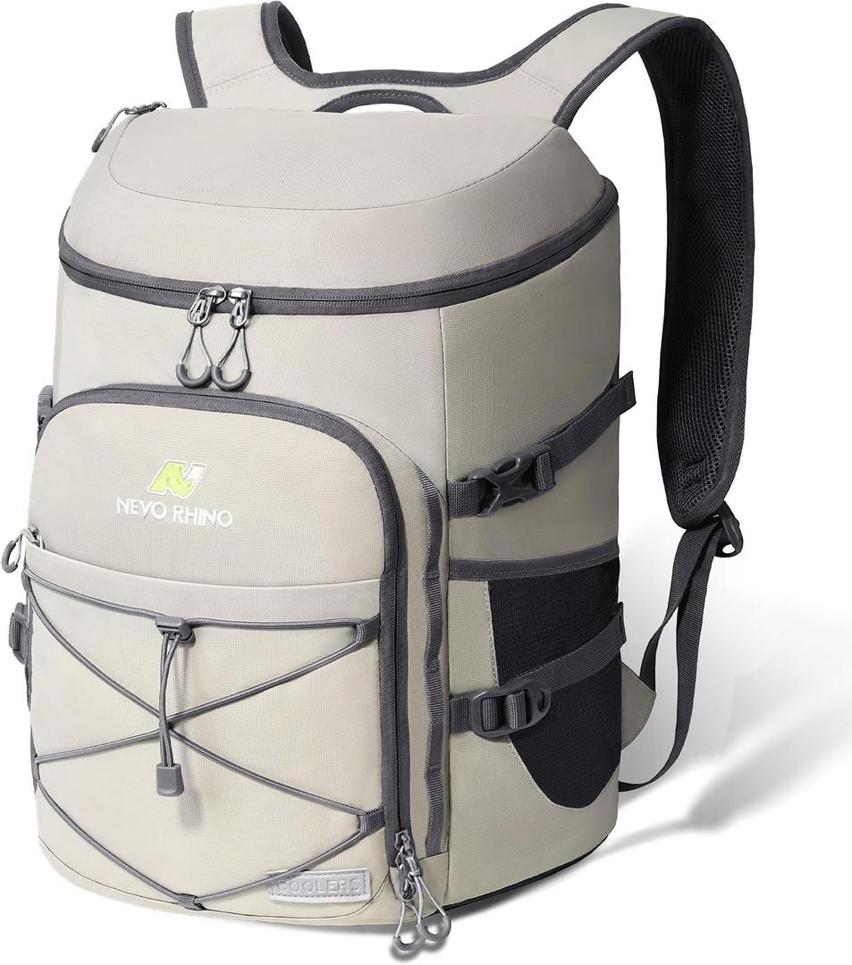 N NEVO RHINO Backpack Cooler, 36 Cans, Light Gray, Nylon, Insulated, Waterproof, Leakproof, Large Capacity, Multiple Pockets, 1.85 lbs