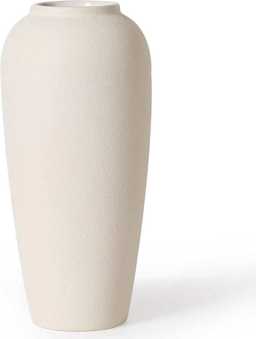 Kokrose Rustic Ceramic Table Vase, 14.9" Vintage Cream Clay Tall Floor Ceramic Terracotta Vase for Table Centerpieces, Large Textured Farmhouse Decorative Vases for Home Decor (15 Inch White Floor Vase)
