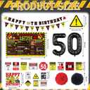 Gameza 50th Birthday Decorations for Men Women, 33PCS Caution Logos Themed 50th Birthday Party Decorations with Banner Balloons Cake Cupcake Toppers Paper Poms Backdrop Stickers, 50 Years Old Decor