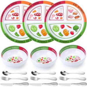 6 Pcs Bariatric Portion Control Set with 3 Bariatric Plates 3 Portion Control Bowls and Stainless Steel Flatwares for Adults Diet Balanced Eating Weight Loss Serving Plans (Colorful)