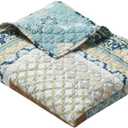 Barefoot Bungalow Greenland Home Thalia Velvet-Embellished Quilted Cotton Throw Blanket, 50 W x 60 L inches, Blue