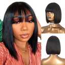 12 Inches Blunt Cut Bob Wigs For Black Women Human Hair Wigs With Bangs and Natural Scalp Top, Adequate 150% Density Natural Color Short Bob Wigs With Bangs